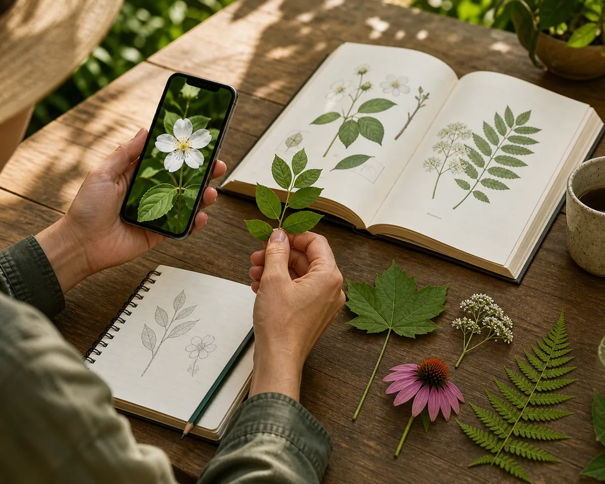 A gardener compares a plant photo with a field guide and real leaves at a table