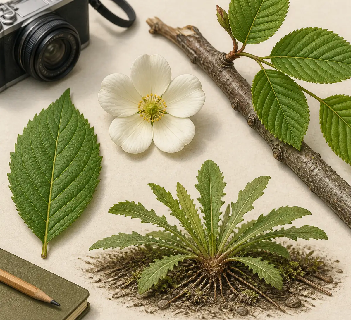 Leaf veins, flower center, tree bark, and weed growth habit shown as useful plant photo evidence