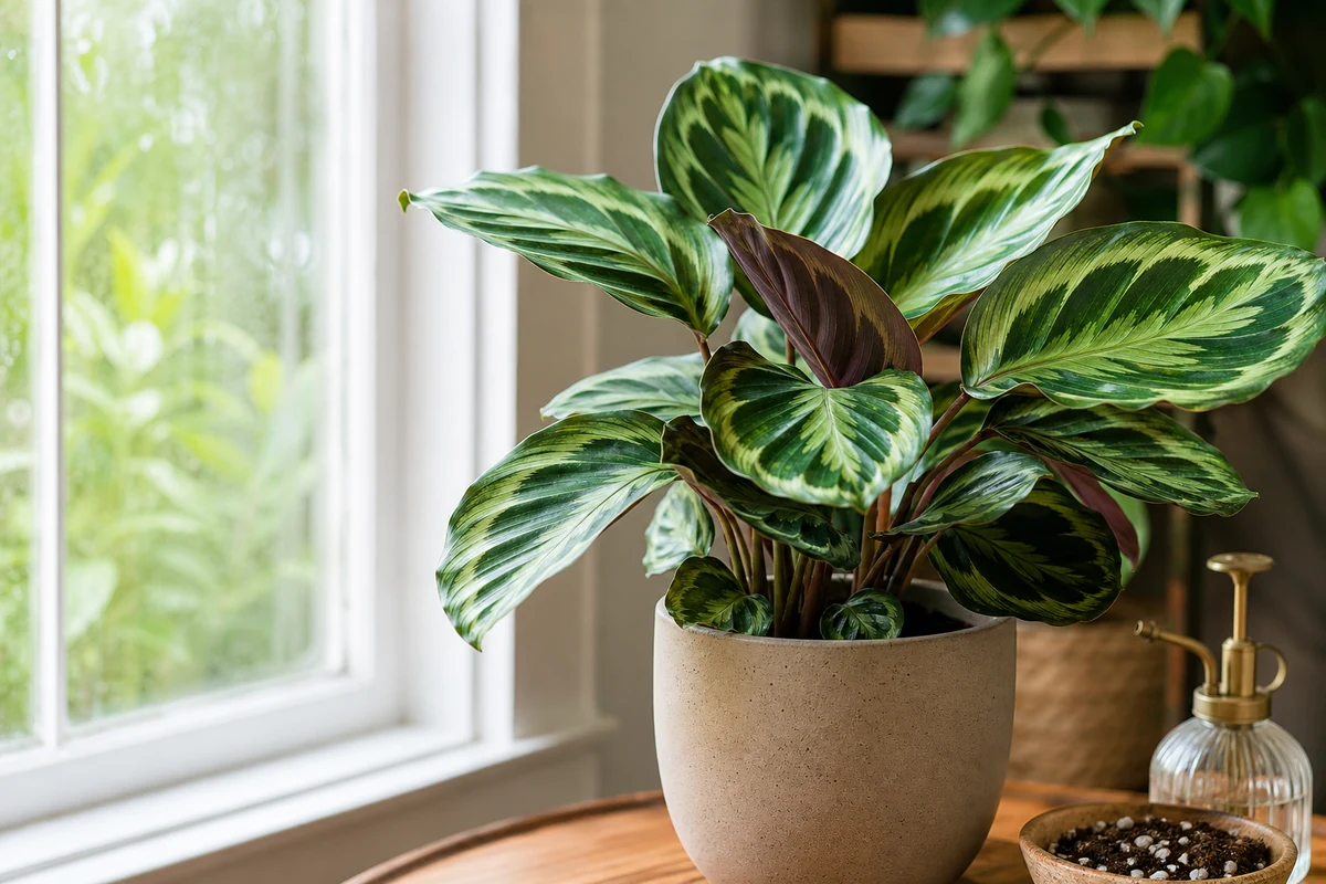 Healthy Calathea with patterned leaves in a pot beside a bright window
