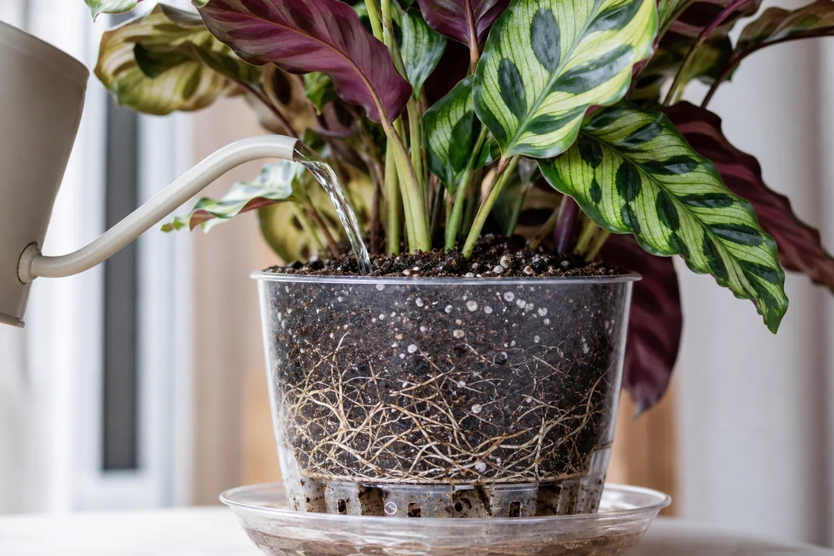 Calathea in a transparent nursery pot being watered over airy soil with roots visible