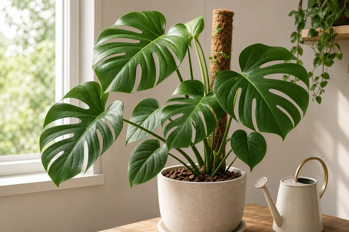 Healthy Monstera deliciosa near a bright window with watering can, chunky soil, and moss pole support