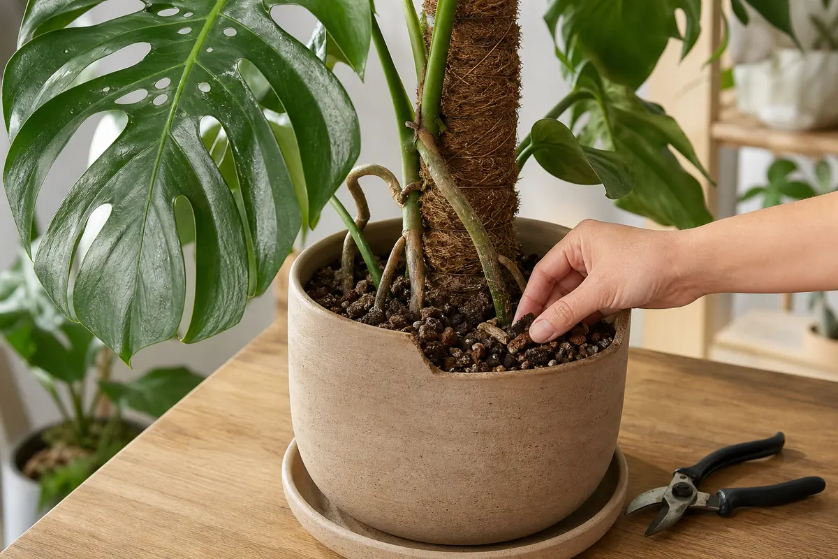 Checking dry chunky potting mix beside a Monstera leaf with aerial roots and moss pole support