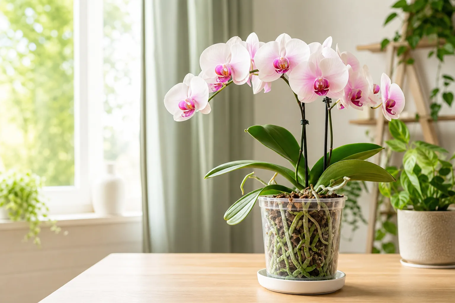 Healthy Phalaenopsis orchid in a clear pot beside a bright window