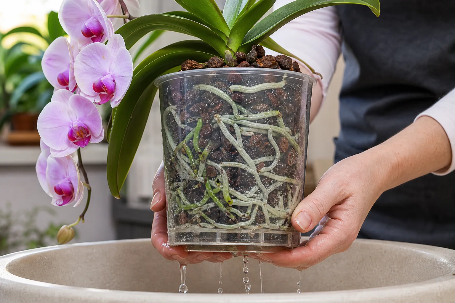 Clear orchid pot draining after watering while roots are inspected