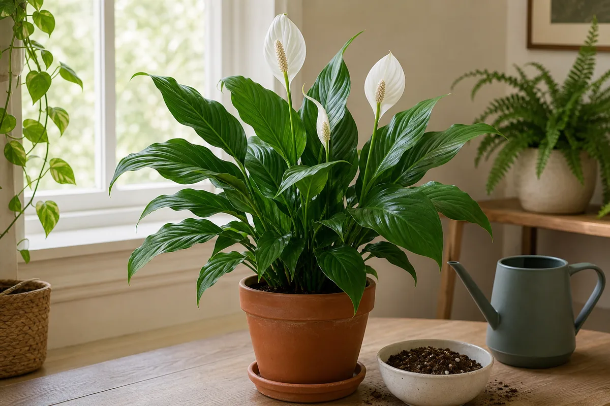 Healthy peace lily in a draining terracotta pot near a bright window with a watering can and airy potting mix