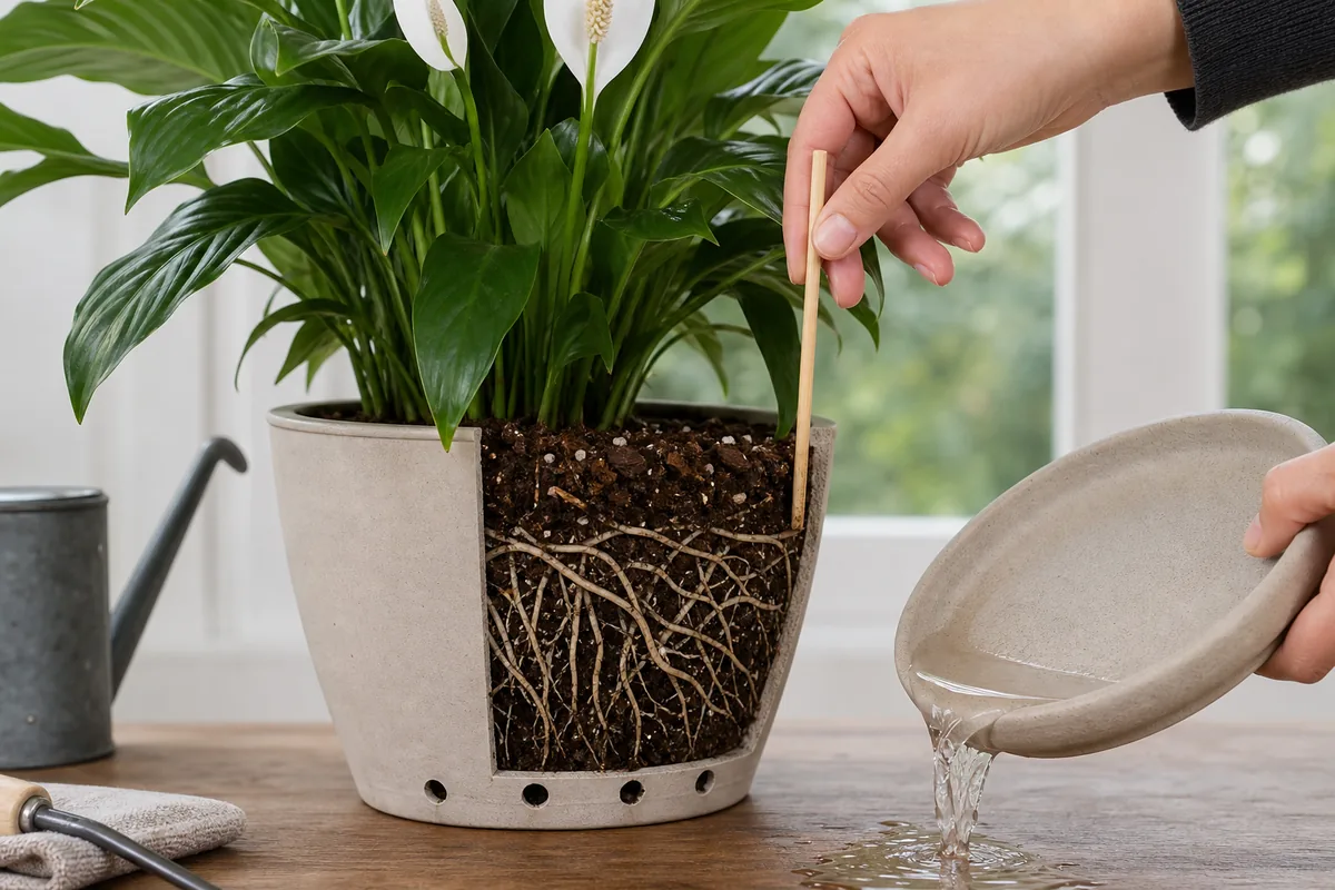 Peace lily root zone shown with airy soil while moisture is checked and water is emptied from the saucer
