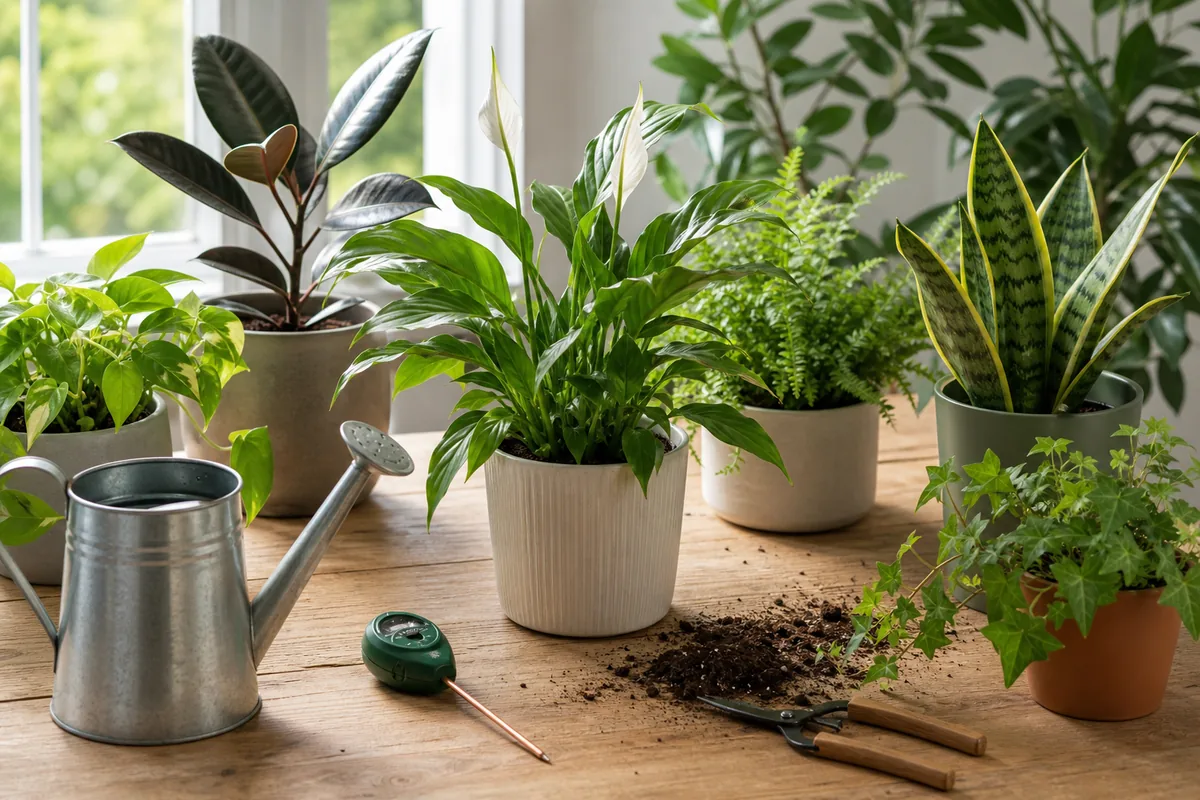 Healthy houseplants with watering can, soil, and care tools on a bright indoor table