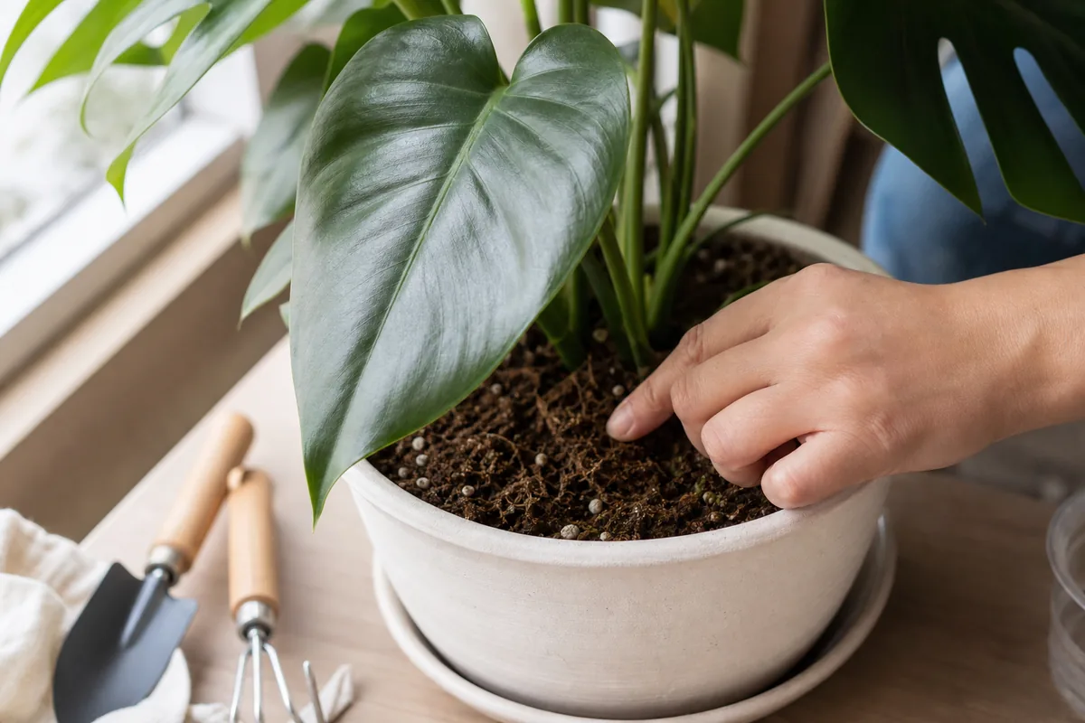 Checking houseplant leaf condition and dry potting mix near a bright window
