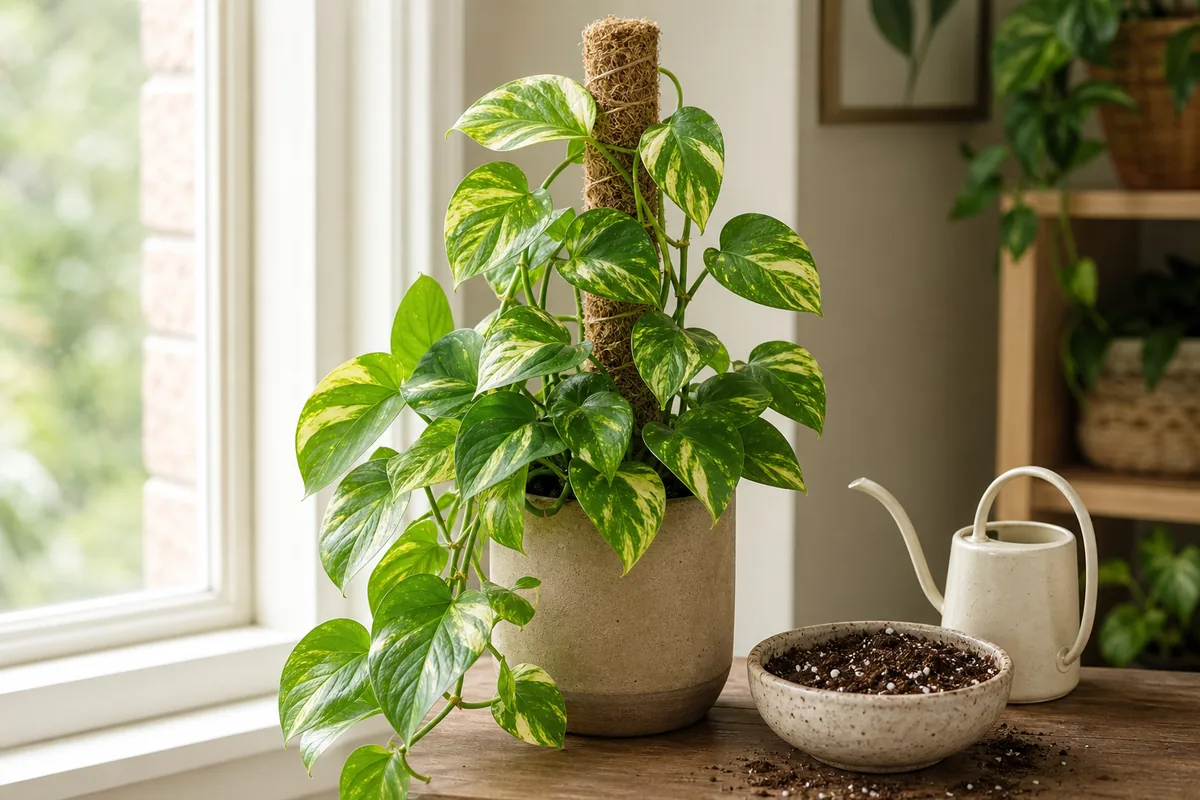 Healthy golden pothos climbing a moss pole beside a bright window with a watering can and airy potting mix