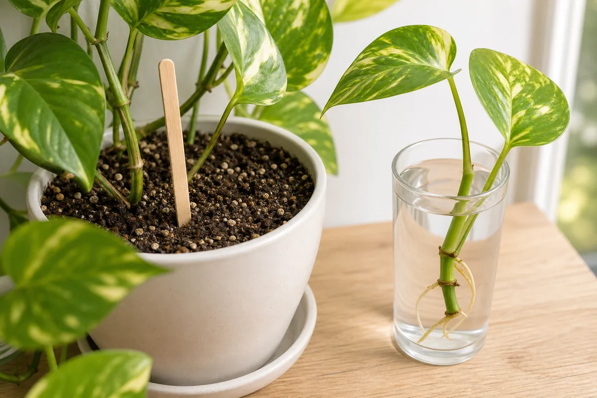 Pothos pot with a wooden moisture-check stick beside a node cutting rooting in a glass of water