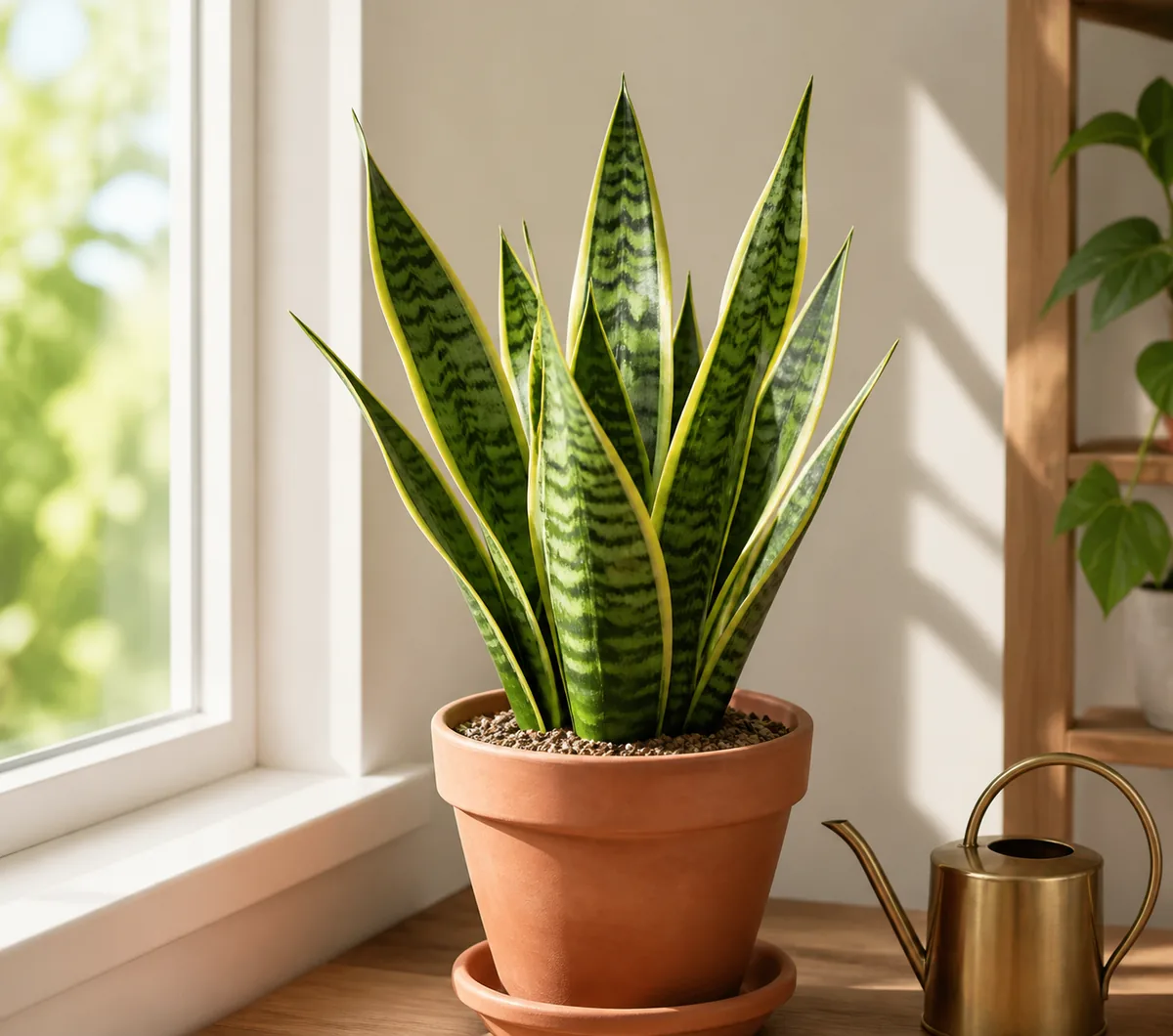 Healthy snake plant in a terracotta pot beside a bright window and watering can