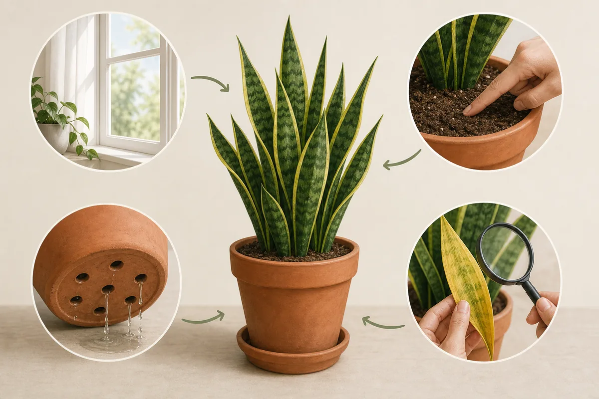 Snake plant troubleshooting scene showing window light, dry soil check, drainage holes, and yellow leaf inspection