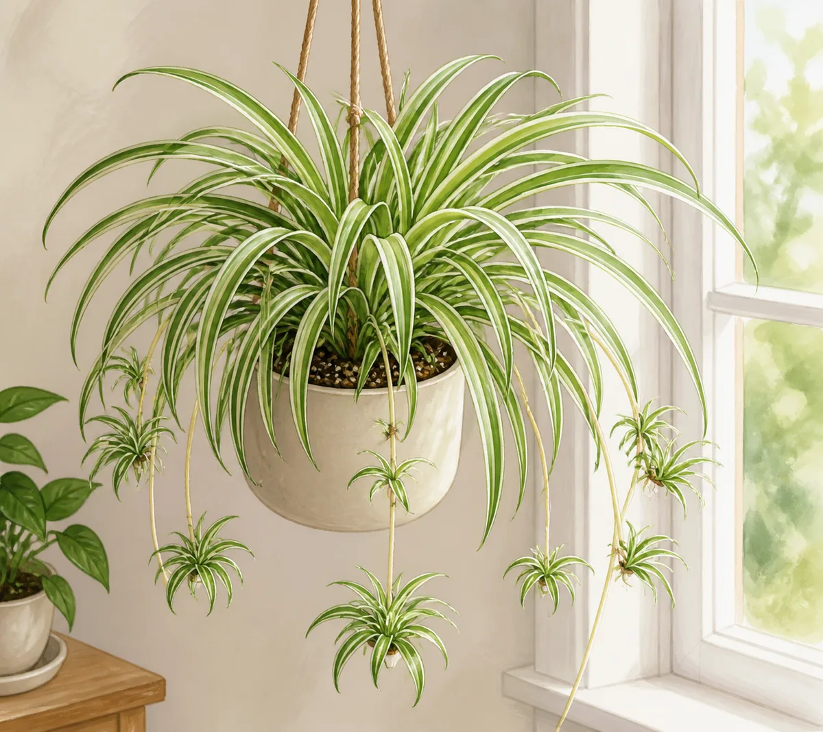 Healthy spider plant with striped leaves and trailing plantlets in a hanging pot beside a bright window