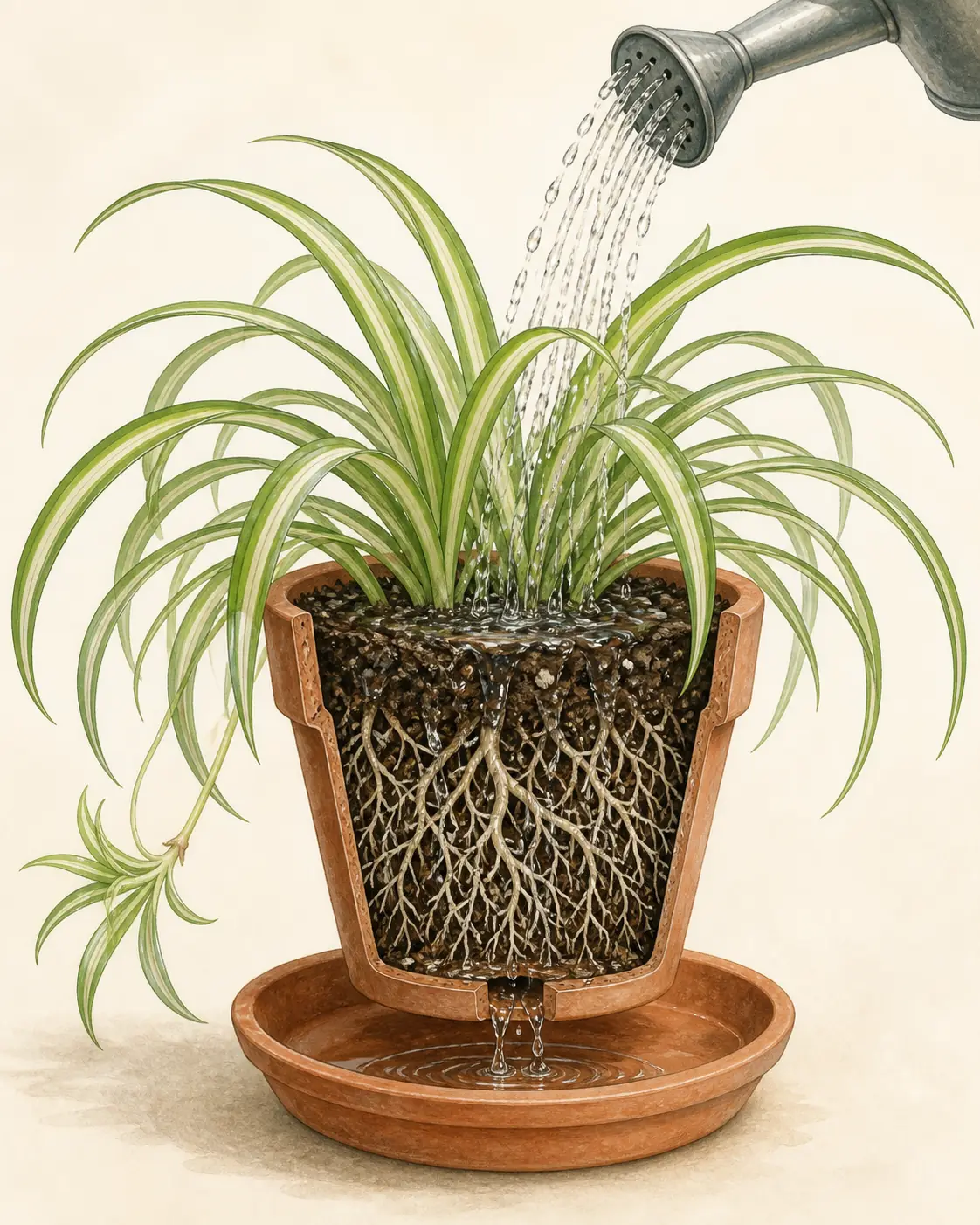 Editorial cutaway of a spider plant being watered evenly through airy soil with roots and drainage visible