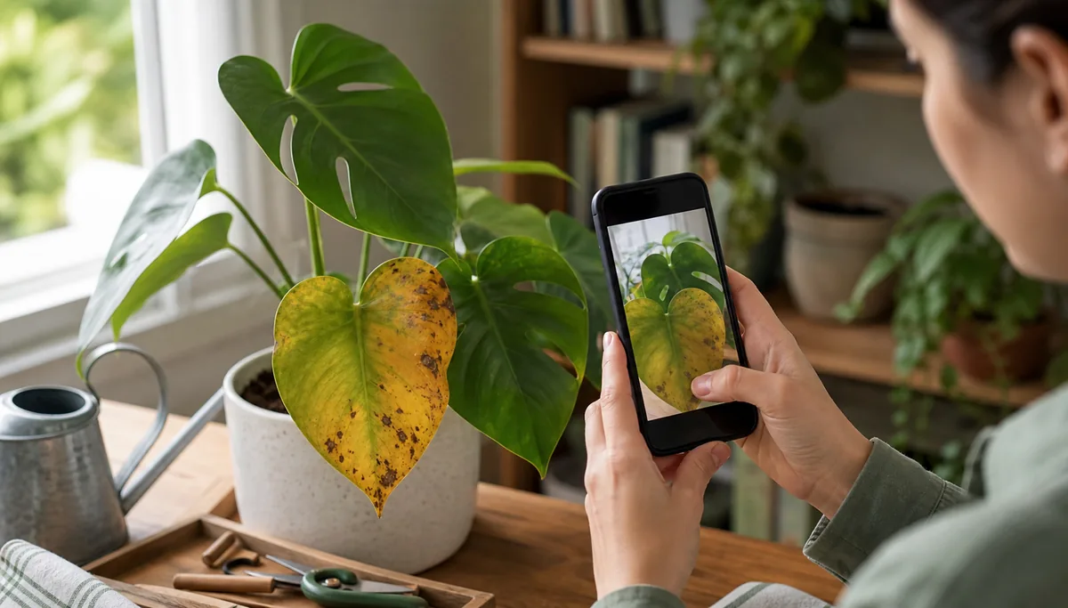 Taking a clear photo of an unhealthy houseplant leaf beside healthy foliage