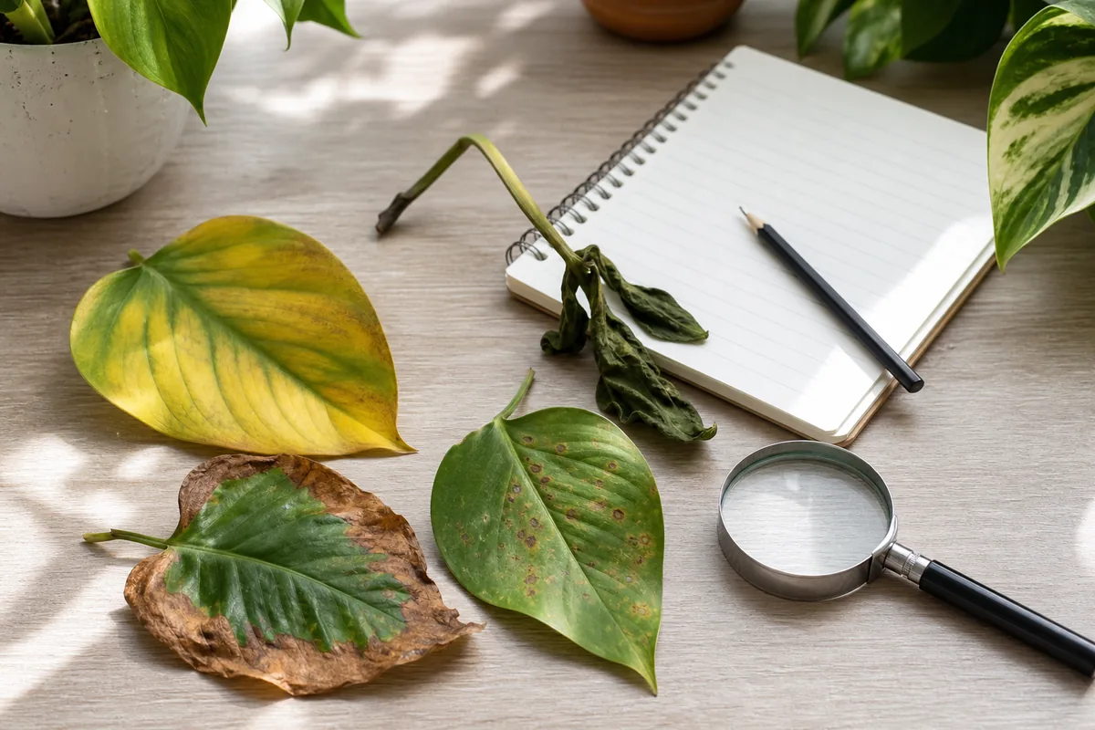 Houseplant leaves showing yellowing, brown edges, spots, and wilting for symptom comparison